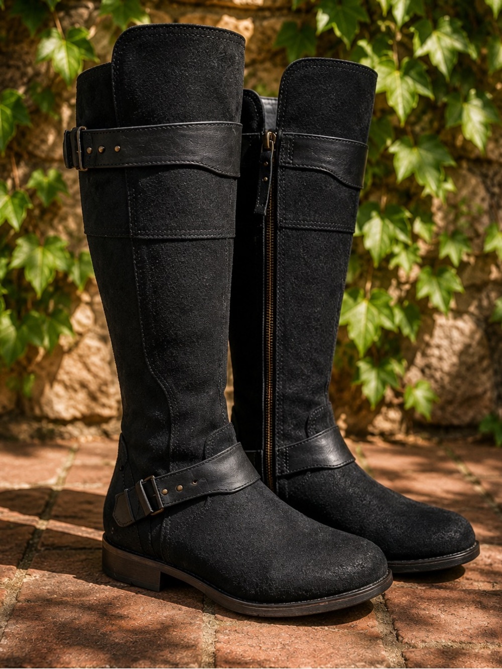 UGG Black Leather and Suede Shearling Sole Moto Style Zip Riding Boots, 6.5